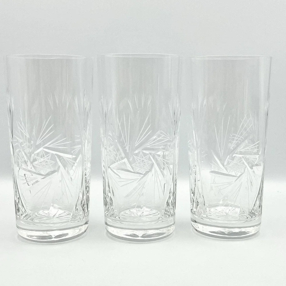 Vintage 1980s Cut Crystal Starburst Fan Highball Glasses Set‎ of 3